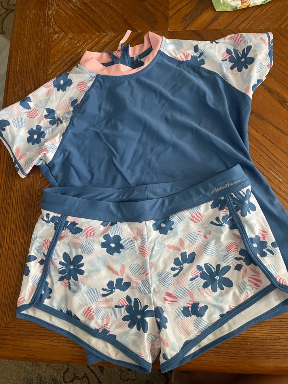 Eddie Bauer Girls Blue and Pink Floral Rash Guard Set